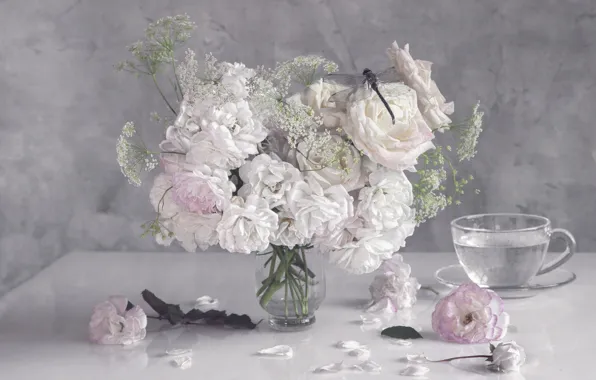 Flowers, roses, bouquet, dragonfly, white, still life