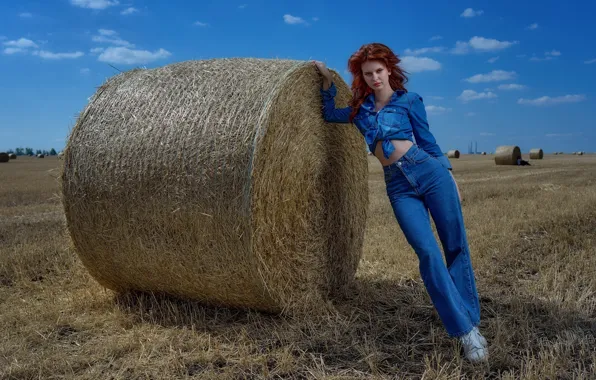 Picture field, girl, pose, jeans, figure, hay, red, shirt