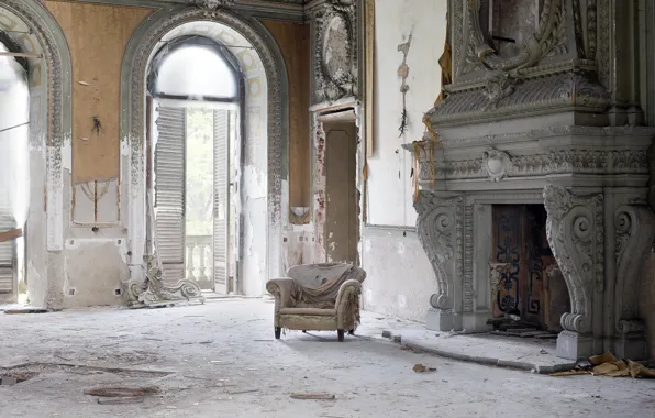 Chair, fireplace, hall