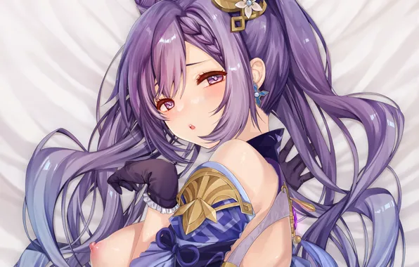 Girl, sexy, blouse, erect nipples, long hair, nipples, boobs, anime