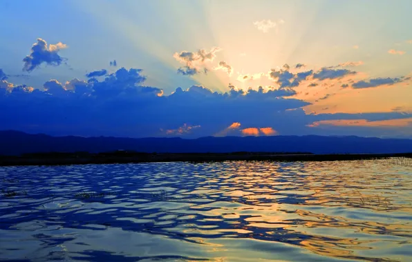 The sky, clouds, sunset, mountains, lake, Armenia