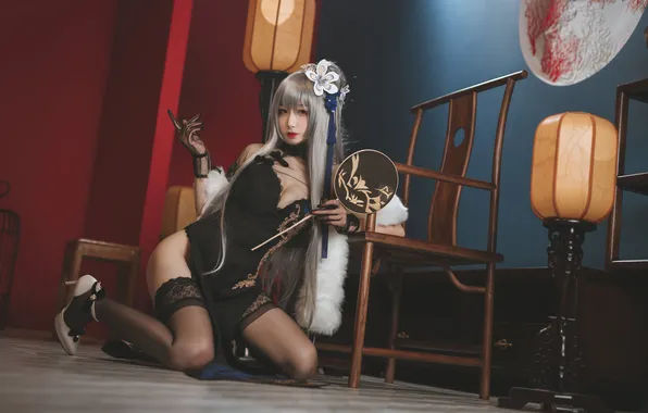 Asian, cutie, on the floor, white hair, on my knees, cosplay, asian, cutie
