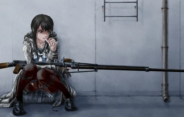 Picture girl, reverie, weapons, art, rifle, sitting, bittersweet6968