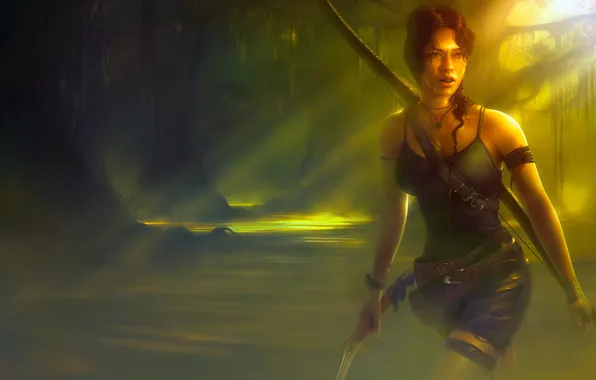 Picture forest, water, girl, light, swamp, bow, art, Tomb Raider