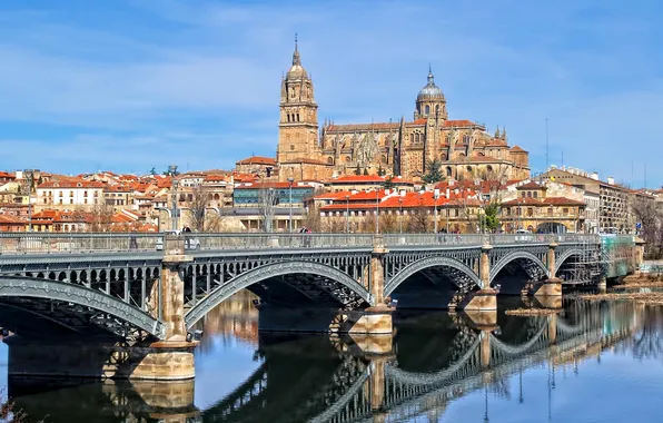 Bridge, river, home, Cathedral, Spain, Salamanca, Tormes