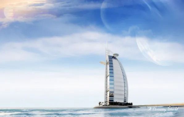 Sea, clouds, Dreamy World, Burj al Arab, Dubai, the hotel
