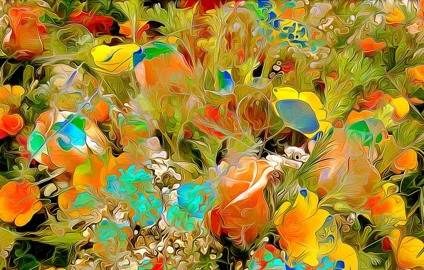 Picture flowers, rendering, petals, garden, meadow