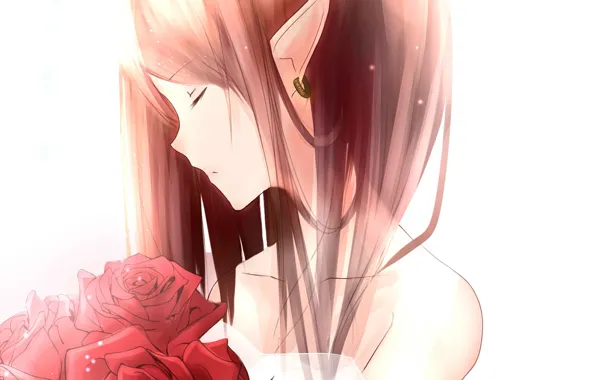Red, earring, closed eyes, red roses, pointy, neck shoulders, elf girl, elphicke