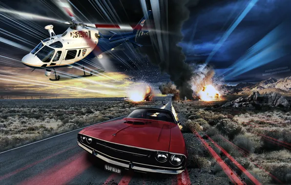 Machine, police, helicopter, Eric caspers, Red Challenger, Police Chase