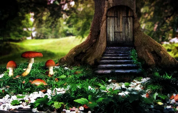 House, tree, mushrooms, house, tree, mushrooms