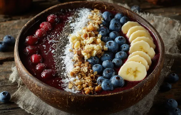 Cherry, berries, table, food, Breakfast, blueberries, bananas, bowl