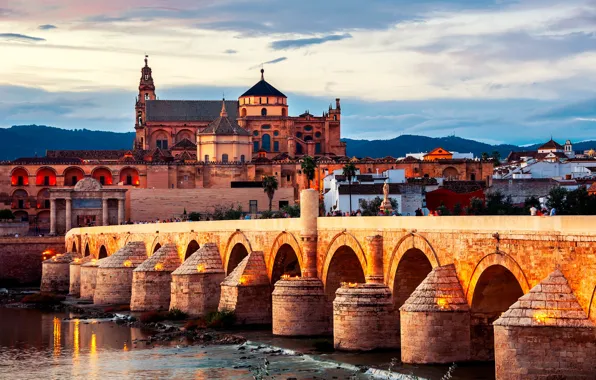 Picture the sky, bridge, lights, river, home, the evening, Spain, Cordoba