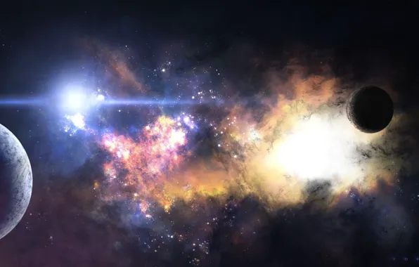 Picture the sun, space, stars, nebula, planet