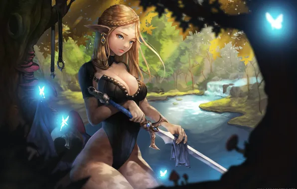 Picture girl, sword, fantasy, forest, cleavage, river, bodysuit, trees