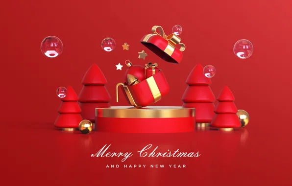 Balls, gift, Christmas, New year, red background, Christmas trees