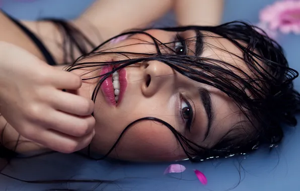 Eyes, water, face, hair, Shine, portrait, wet, petals