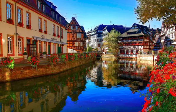 Picture flowers, river, France, building, home, channel, restaurant, the hotel