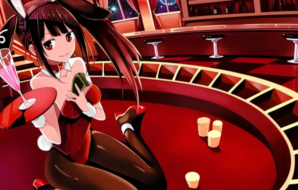 Smile, chips, cocktail, ears, casino, uniform, art, bar