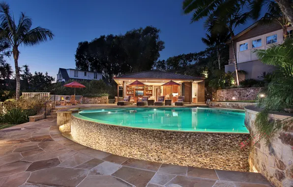 Trees, design, lights, palm trees, Villa, home, the evening, pool