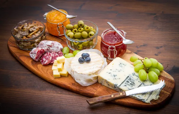 Mushrooms, food, cheese, grapes, olives, sausage, jam, jam