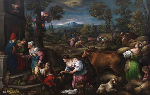 Picture animals, landscape, mountains, people, picture, May, genre, Francesco Bassano