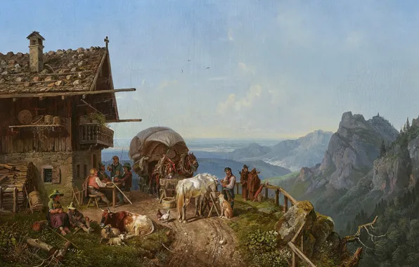 Picture 1843, German painter, German painter, Tavern in the mountains, Henry Burkel, Tavern in the mountains, …