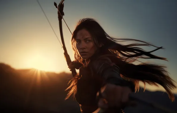 The sky, look, girl, the sun, rays, bow, Archer, fantasy