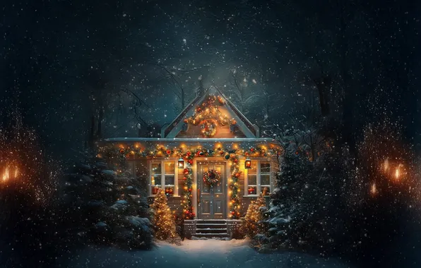 Winter, snow, night, lights, house, Christmas, New year, garland