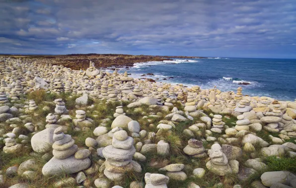 Sea, stones, shore, coast, France, Brittany, The côtes-d'armor, pink granite