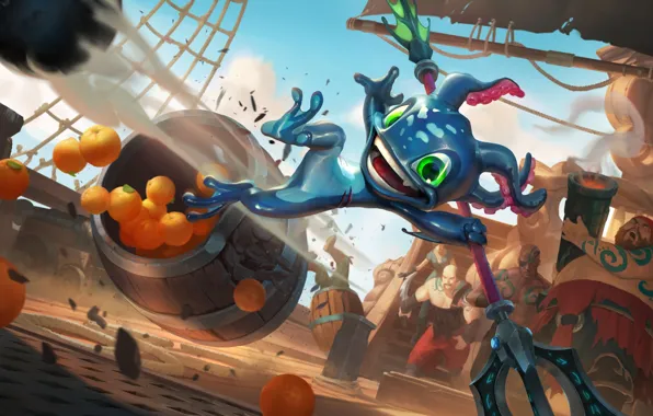 Frog, oranges, being, Trident, pirates, Fizz, Bilgewater, Legends of Runeterra