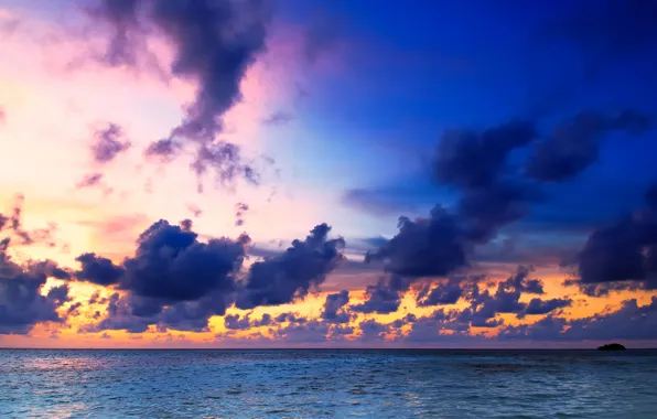 Picture sea, the sky, clouds, sunset, tropics, horizon, The Maldives