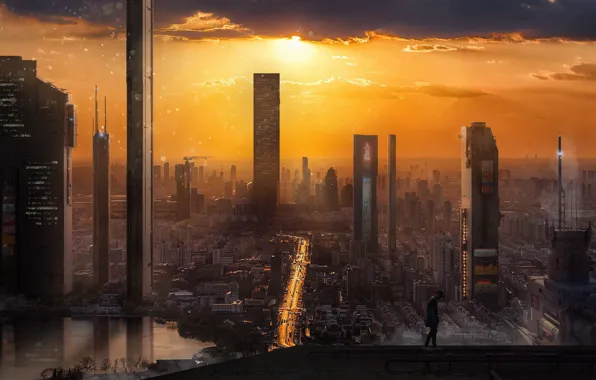 Sunset, The city, Skyscrapers, Building, City, Fantasy, Landscape, Sky
