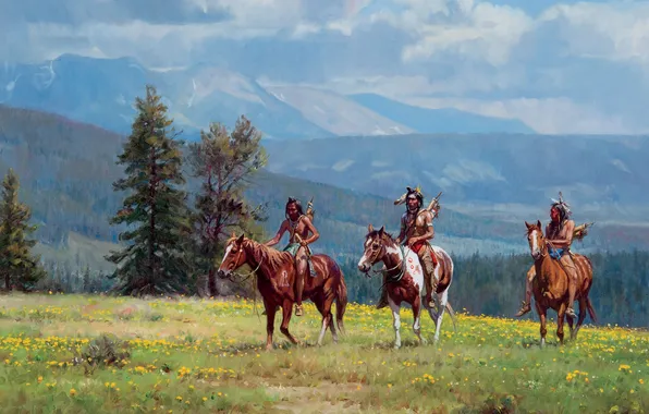 Picture Mountains, Grass, Picture, The Indians, Horse, Three, Martin Grelle, American artist