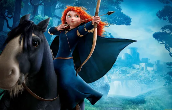 Castle, horse, bow, riding, Brave, Merida, Merida, Angus