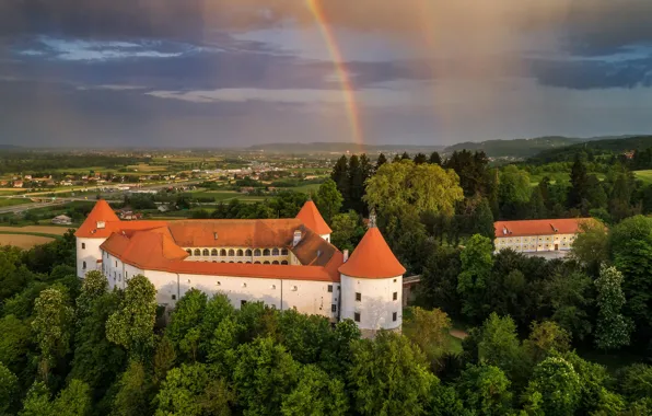 Trees, castle, rainbow, Slovenia, Slovenia, Mokrice Castle, Castle Mokrice, Brežice