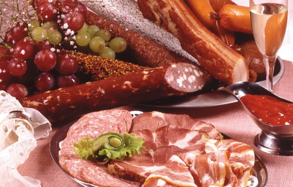 Photo, food, glasses, grapes, champagne, sausage, ham, products