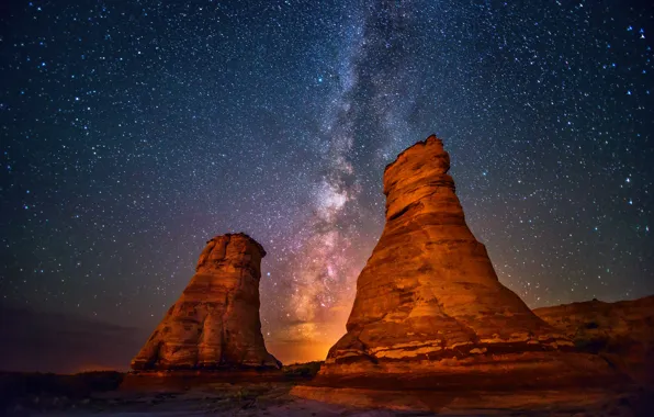 Picture the sky, stars, night, rocks, the milky way, the two towers