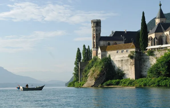 Boat, France, fisherman, morning, Lake Bourget, Otcombe Abbey, the lake of Bourget, Hautecombe Abbey