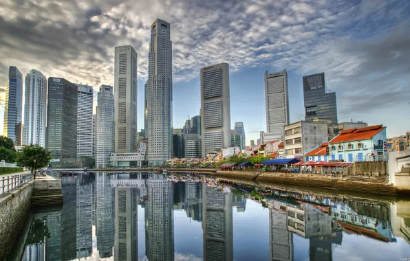 The sky, clouds, pond, reflection, skyscraper, home