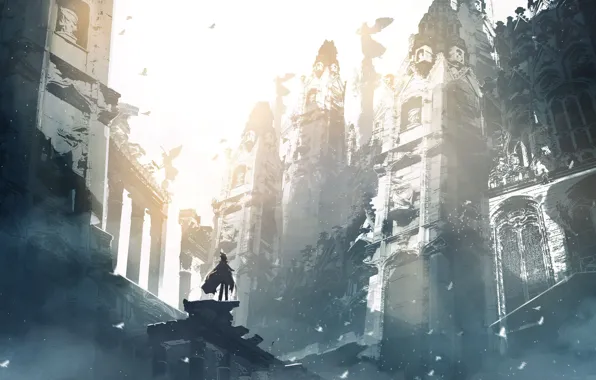 Birds, people, ruins, by JW