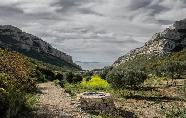 Road, sea, mountains, well