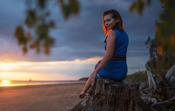 Landscape, sunset, nature, trunk, sitting, Eva, Evgeny Smolsky