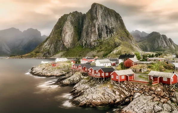 Sea, mountains, the city, Norway, Lofoten, Hamnøy Bridge