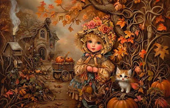 Cat, leaves, flowers, branches, kitty, tree, smoke, styling