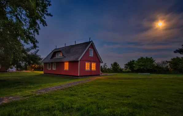 Picture trees, night, house, the moon, Germany, Germany, Kirr Island, The Island Of Kirr