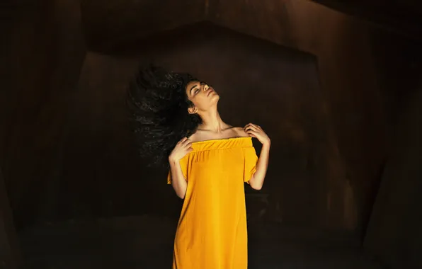 Face, background, model, hair, dress