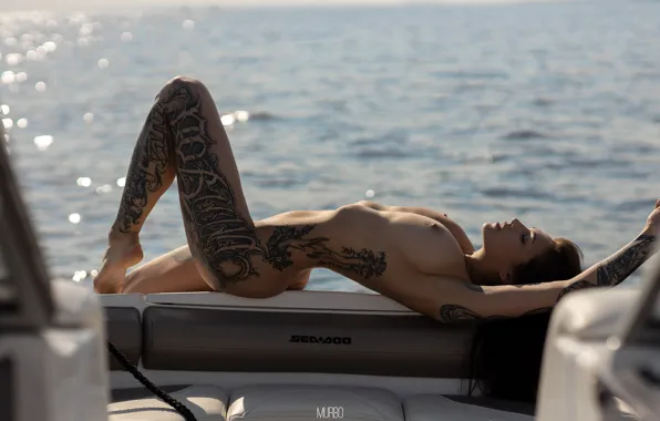 Sea, chest, the sun, pose, model, naked, body, yacht