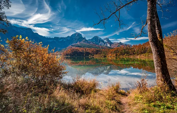 Autumn, landscape, mountains, nature, lake, reflection, tree, Austria