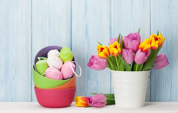 Picture flowers, holiday, bouquet, Easter, tulips, decor, Easter, egg