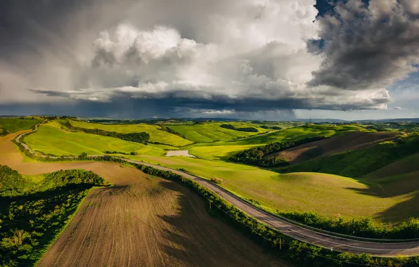 Road, field, the sky, clouds, clouds, hills, view, field